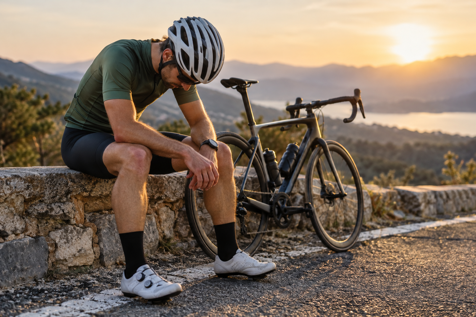 Fatigued road cyclist resting beside his bicycle after a training ride, illustrating the importance of recovery and knowing when to skip a workout.