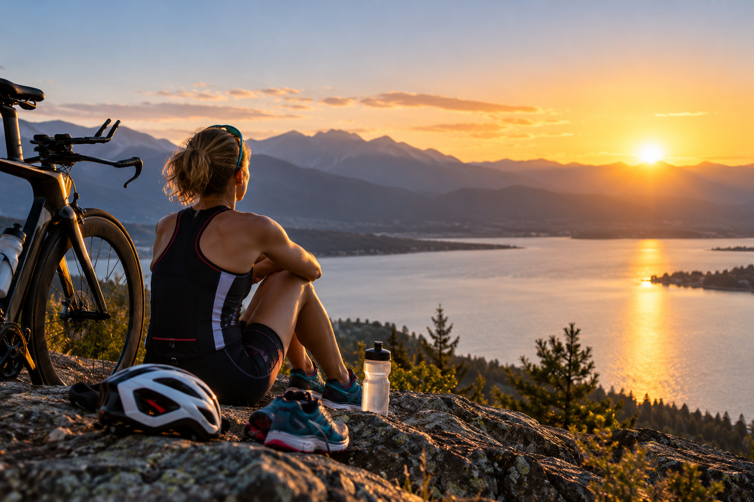 Triathlete taking a recovery break beside a bicycle during the off-season transition phase
