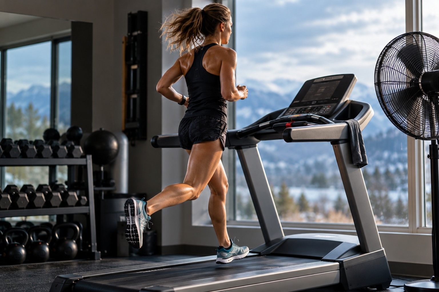 Female runner training on a treadmill to improve running endurance, pacing, and technique.